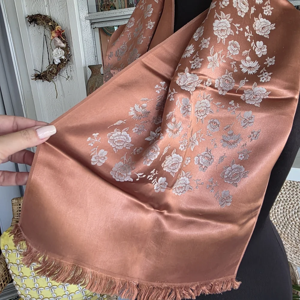 Vintage 70s Silky Woven Floral Scarf Copper Shimmer Boho Chic